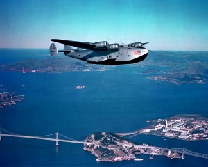 A PanAm Boeing 314 clipper over San Francisco Bay